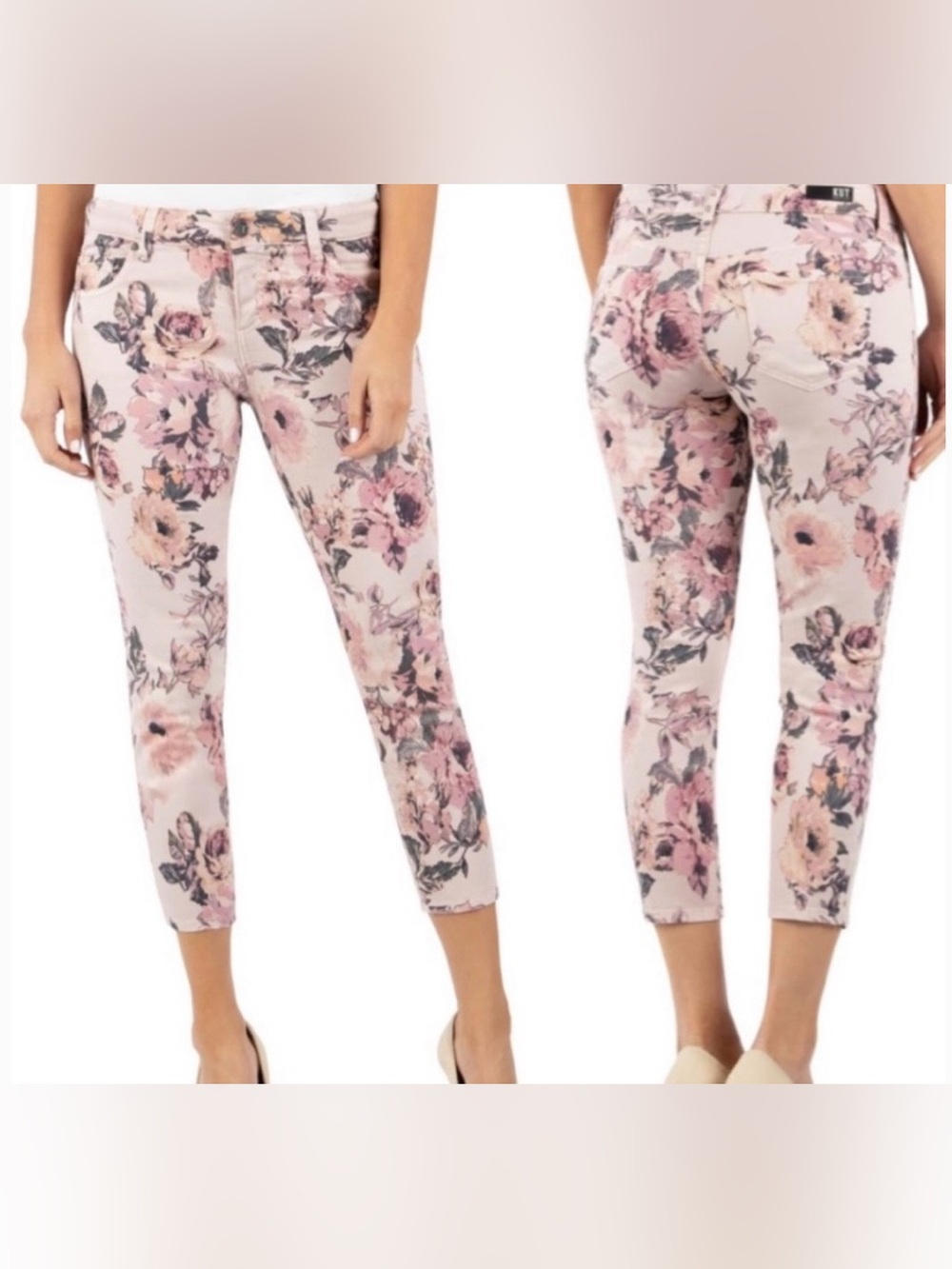 Kut from the Kloth | Womens Pink Floral Connie Crop Ankle Raw Hem Skinny Jeans 2